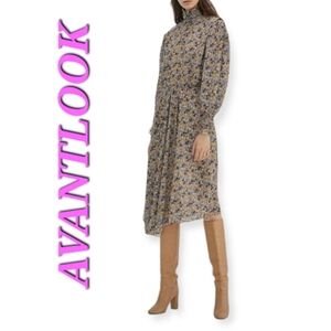 AVANTLOOK Mock Neck Long Sleeve Print Midi Dress front split